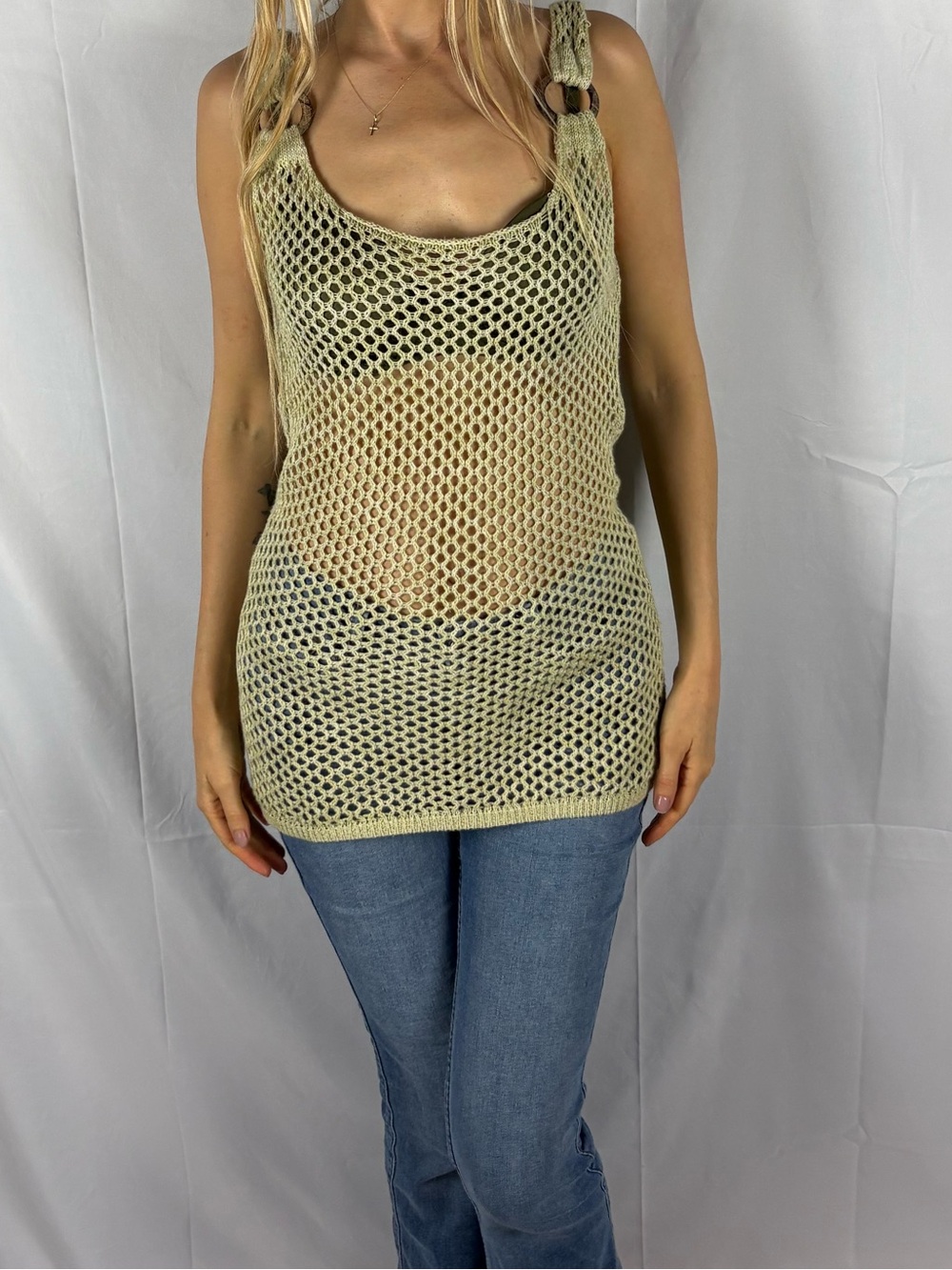 Vintage Sage Green boho festival open knit fishnet tank top with wooden straps M